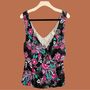 Anne Cole Women’s Black Floral Print Faux Wrap Swim Tankini Top Size 24W